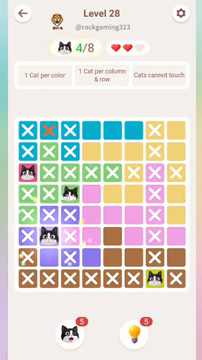 Meowdoku Level 28 step 4 screenshot showing the cat placement at B6 with 4 of 8 cats visible on the board.