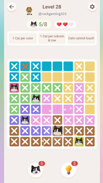 Meowdoku Level 28 step 5 screenshot showing the cat placement at E7 with 5 of 8 cats visible on the board.