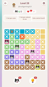Meowdoku Level 28 step 6 screenshot showing the cat placement at F5 with 6 of 8 cats visible on the board.