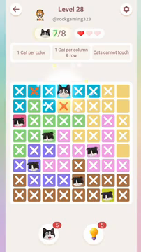Meowdoku Level 28 step 7 screenshot showing the cat placement at D1 with 7 of 8 cats visible on the board.