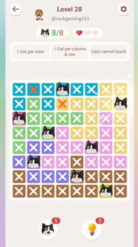 Meowdoku Level 28 step 8 screenshot showing the cat placement at H2 with 8 of 8 cats visible on the board.