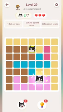 Meowdoku Level 29 step 2 screenshot showing the cat placement at E6 with 2 of 7 cats visible on the board.