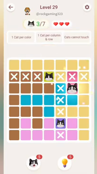 Meowdoku Level 29 step 3 screenshot showing the cat placement at F3 with 3 of 7 cats visible on the board.