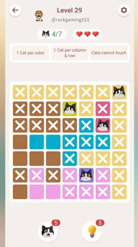 Meowdoku Level 29 step 4 screenshot showing the cat placement at G1 with 4 of 7 cats visible on the board.