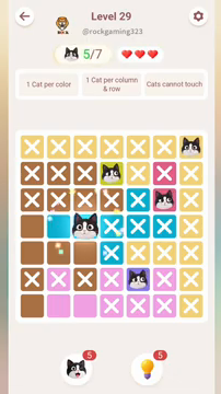 Meowdoku Level 29 step 5 screenshot showing the cat placement at C4 with 5 of 7 cats visible on the board.