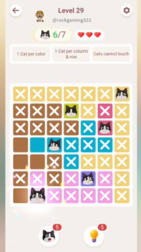 Meowdoku Level 29 step 6 screenshot showing the cat placement at B7 with 6 of 7 cats visible on the board.