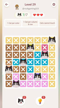 Meowdoku Level 29 step 7 screenshot showing the cat placement at A5 with 7 of 7 cats visible on the board.