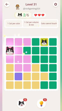 Meowdoku Level 31 step 2 screenshot showing the cat placement at A2 with 2 of 6 cats visible on the board.
