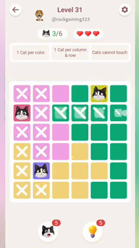 Meowdoku Level 31 step 3 screenshot showing the cat placement at B5 with 3 of 6 cats visible on the board.