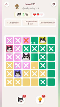 Meowdoku Level 31 step 4 screenshot showing the cat placement at C3 with 4 of 6 cats visible on the board.