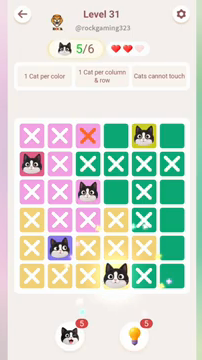 Meowdoku Level 31 step 5 screenshot showing the cat placement at D6 with 5 of 6 cats visible on the board.