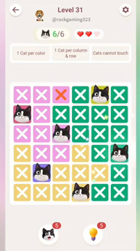 Meowdoku Level 31 step 6 screenshot showing the cat placement at F4 with 6 of 6 cats visible on the board.