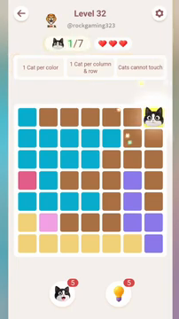 Meowdoku Level 32 step 1 screenshot showing the cat placement at G1 with 1 of 7 cats visible on the board.