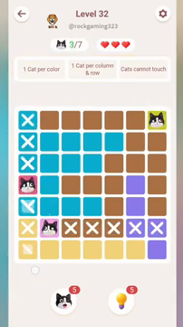 Meowdoku Level 32 step 3 screenshot showing the cat placement at B6 with 3 of 7 cats visible on the board.