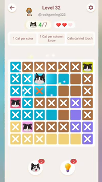 Meowdoku Level 32 step 4 screenshot showing the cat placement at C2 with 4 of 7 cats visible on the board.