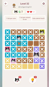 Meowdoku Level 32 step 5 screenshot showing the cat placement at F5 with 5 of 7 cats visible on the board.