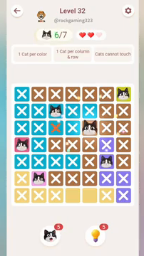 Meowdoku Level 32 step 6 screenshot showing the cat placement at E3 with 6 of 7 cats visible on the board.