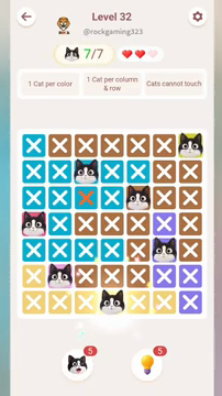 Meowdoku Level 32 step 7 screenshot showing the cat placement at D7 with 7 of 7 cats visible on the board.