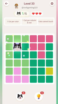 Meowdoku Level 33 step 1 screenshot showing the cat placement at B2 with 1 of 6 cats visible on the board.