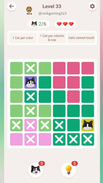 Meowdoku Level 33 step 2 screenshot showing the cat placement at F5 with 2 of 6 cats visible on the board.