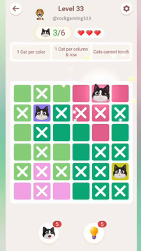 Meowdoku Level 33 step 3 screenshot showing the cat placement at E1 with 3 of 6 cats visible on the board.