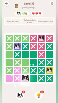 Meowdoku Level 33 step 4 screenshot showing the cat placement at C6 with 4 of 6 cats visible on the board.