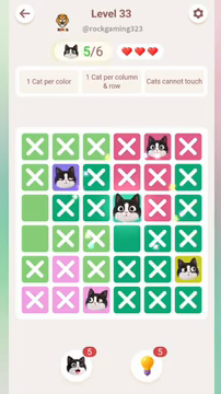 Meowdoku Level 33 step 5 screenshot showing the cat placement at D3 with 5 of 6 cats visible on the board.