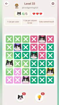 Meowdoku Level 33 step 6 screenshot showing the cat placement at A4 with 6 of 6 cats visible on the board.