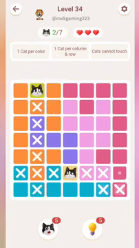 Meowdoku Level 34 step 2 screenshot showing the cat placement at D6 with 2 of 7 cats visible on the board.