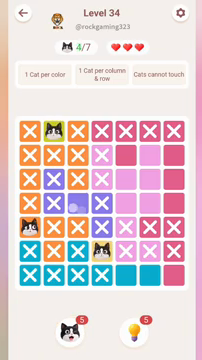 Meowdoku Level 34 step 3 screenshot showing the cat placement at A5 with 3 of 7 cats visible on the board.