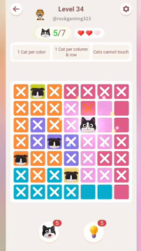 Meowdoku Level 34 step 5 screenshot showing the cat placement at E3 with 5 of 7 cats visible on the board.