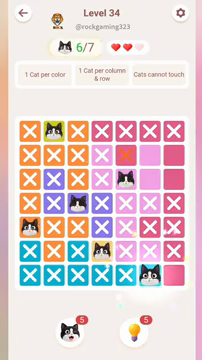 Meowdoku Level 34 step 6 screenshot showing the cat placement at F7 with 6 of 7 cats visible on the board.