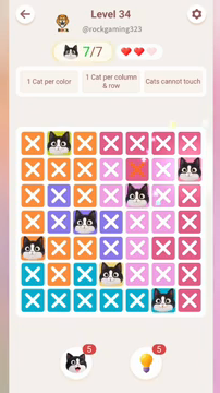 Meowdoku Level 34 step 7 screenshot showing the cat placement at G2 with 7 of 7 cats visible on the board.