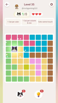 Meowdoku Level 35 step 1 screenshot showing the cat placement at B3 with 1 of 8 cats visible on the board.