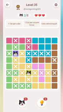 Meowdoku Level 35 step 2 screenshot showing the cat placement at D6 with 2 of 8 cats visible on the board.