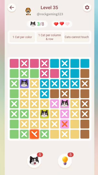Meowdoku Level 35 step 3 screenshot showing the cat placement at F5 with 3 of 8 cats visible on the board.