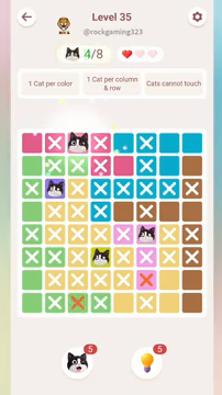 Meowdoku Level 35 step 4 screenshot showing the cat placement at C1 with 4 of 8 cats visible on the board.