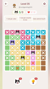 Meowdoku Level 35 step 5 screenshot showing the cat placement at G2 with 5 of 8 cats visible on the board.