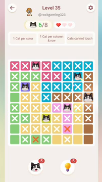 Meowdoku Level 35 step 6 screenshot showing the cat placement at H4 with 6 of 8 cats visible on the board.