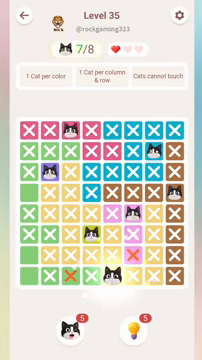 Meowdoku Level 35 step 7 screenshot showing the cat placement at E8 with 7 of 8 cats visible on the board.