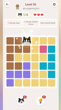 Meowdoku Level 36 step 1 screenshot showing the cat placement at C1 with 1 of 6 cats visible on the board.