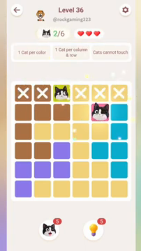 Meowdoku Level 36 step 2 screenshot showing the cat placement at E2 with 2 of 6 cats visible on the board.