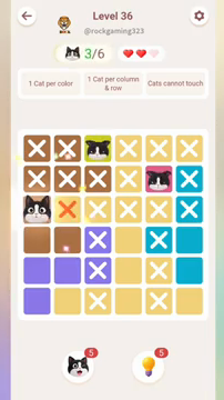 Meowdoku Level 36 step 3 screenshot showing the cat placement at A3 with 3 of 6 cats visible on the board.