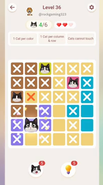 Meowdoku Level 36 step 4 screenshot showing the cat placement at B5 with 4 of 6 cats visible on the board.