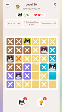 Meowdoku Level 36 step 5 screenshot showing the cat placement at F4 with 5 of 6 cats visible on the board.