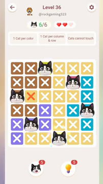Meowdoku Level 36 step 6 screenshot showing the cat placement at D6 with 6 of 6 cats visible on the board.