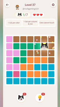 Meowdoku Level 37 step 1 screenshot showing the cat placement at F2 with 1 of 7 cats visible on the board.