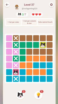 Meowdoku Level 37 step 2 screenshot showing the cat placement at B6 with 2 of 7 cats visible on the board.