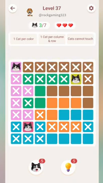 Meowdoku Level 37 step 3 screenshot showing the cat placement at A1 with 3 of 7 cats visible on the board.