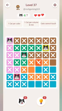 Meowdoku Level 37 step 4 screenshot showing the cat placement at C3 with 4 of 7 cats visible on the board.